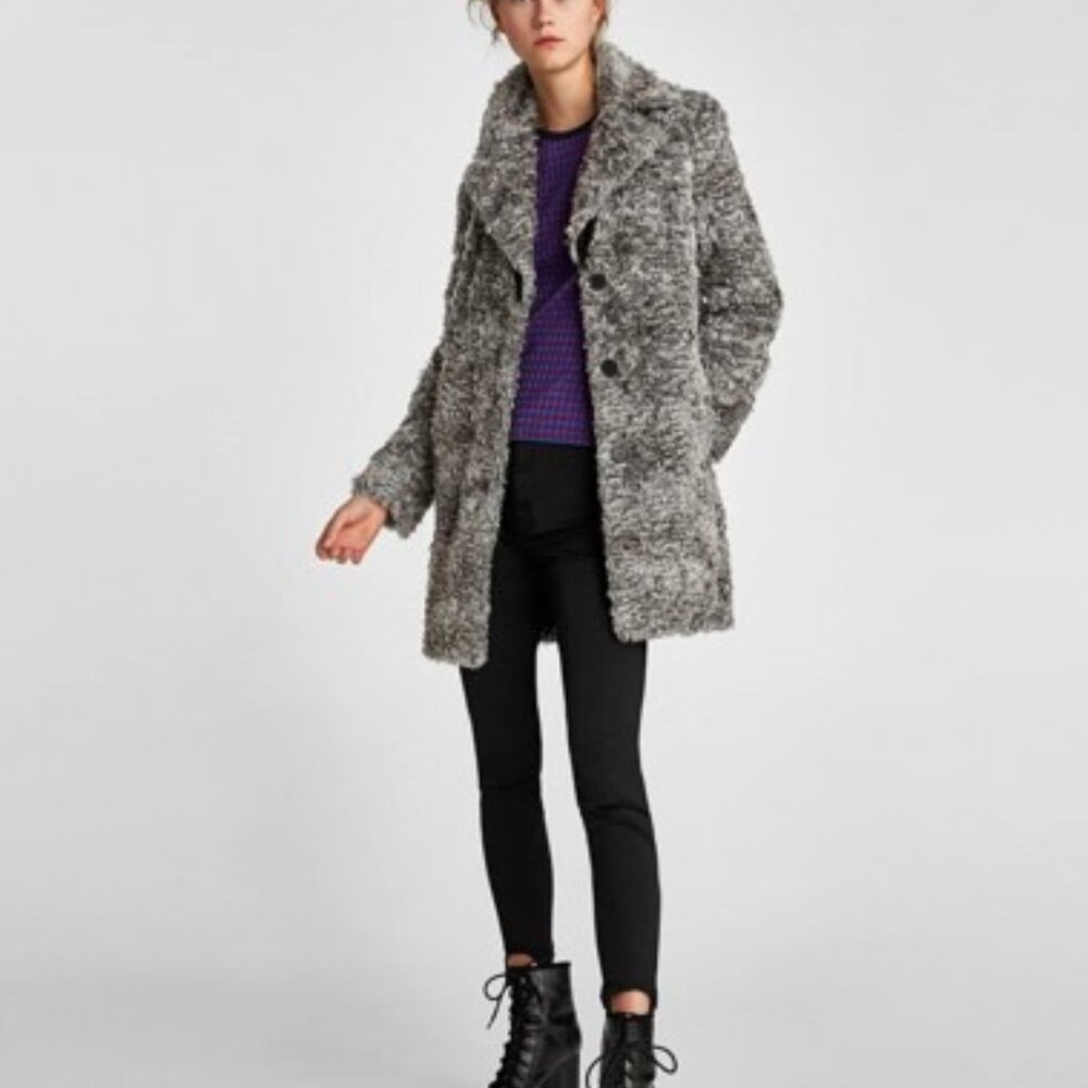 ZARA Grey Faux Fur  Jacket with  Lapel Collar Size M